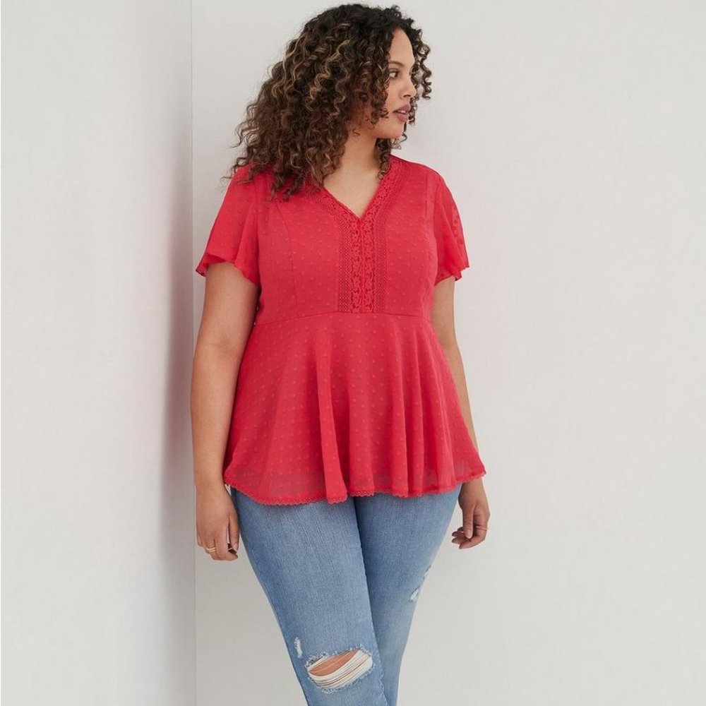 Torrid Peplum Chiffon Clip Dot Lace Inset Top